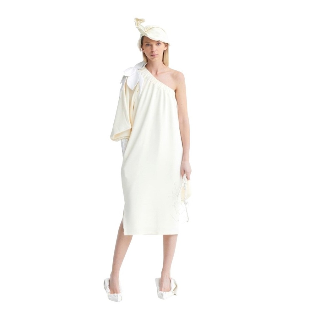 Julia Allert Dress Ecru One-Shoulder Midi Dress Oversized Single Sleeve Medium